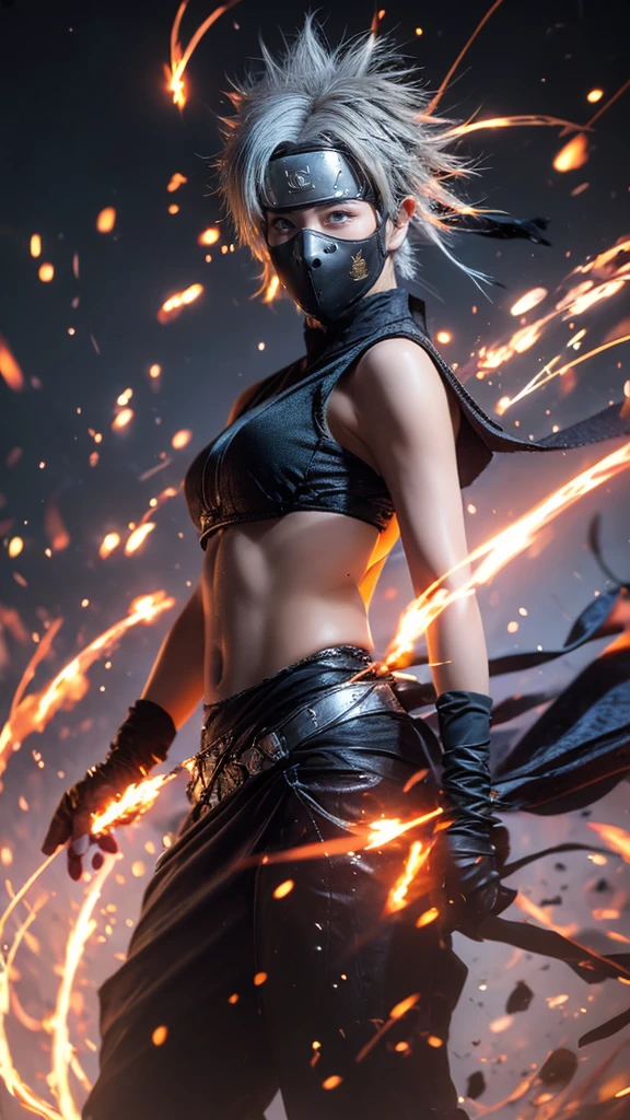 Moisturized skin, (red eyes), realistic body, (adult female body), energetic, (16 years old), (girl),
BREAK,
bright red lipstick, (beautiful navel), (silver hair), beautiful hair, (Kakashi Hatake's clothes: 1.3),
BREAK,
((masterpiece + highest quality + high resolution + highly detailed)), (full body: 1.2), symmetrical, one shot,
BREAK,
(electric shock), (wind blows), (blue electricity), (battle stance: 1.4),
BREAK,
(large Japanese sword), ninja, inside a mansion, assassination, cut, kunai, fantastical, dynamic,