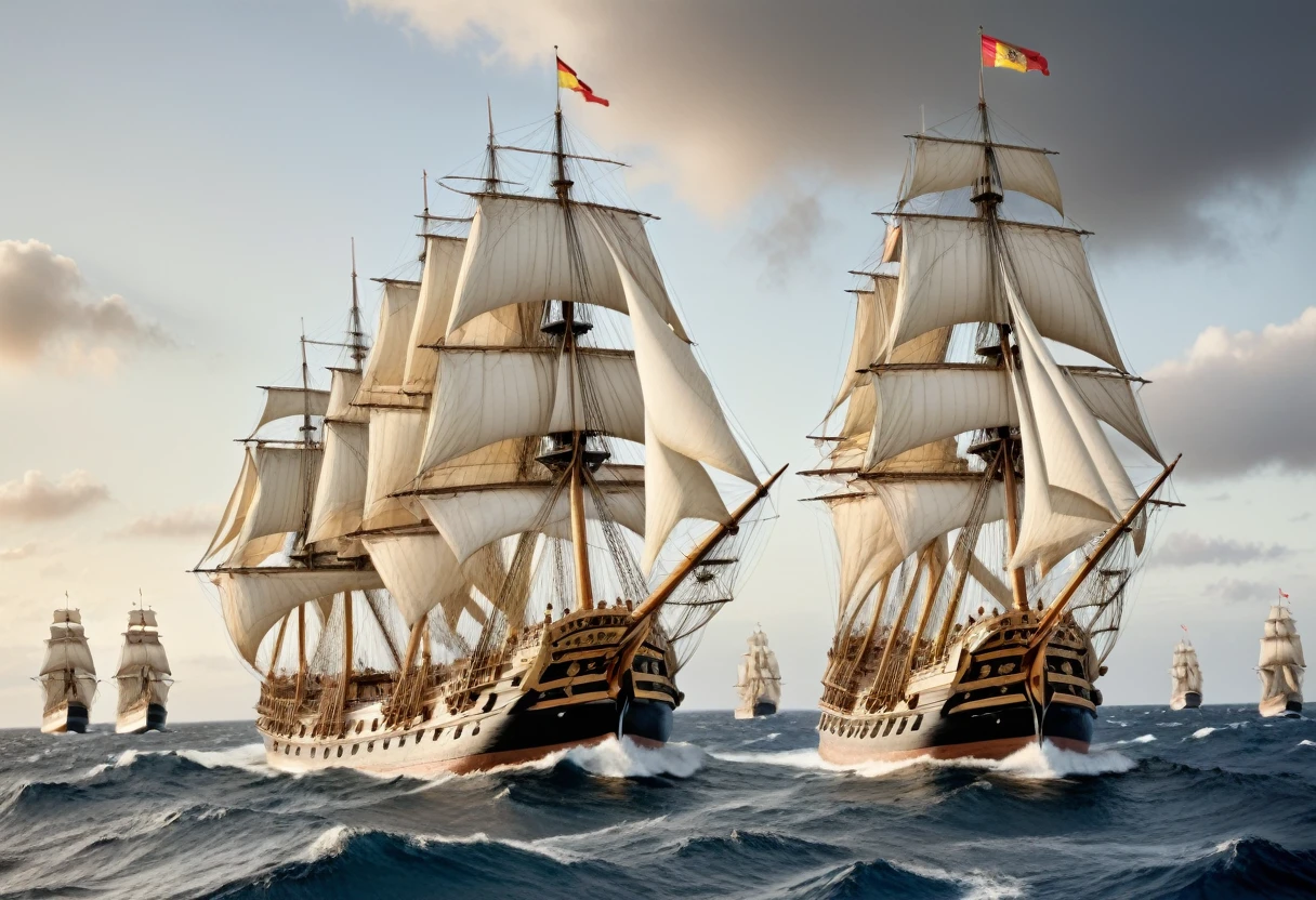 A realistic depiction of a fleet of great Spanish ships sailing the seas.. Let's spread our sails and sail together, In this scene、bright blue sky with clouds、It depicts a detailed ship with intricate rigging and billowing sails.、