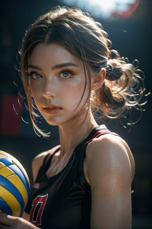 a beautiful woman, wearing small sports clothes, volleyball player, hyper realistic, intricate details, perfect lighting, extremely detailed face and body, beautiful eyes, nose and lips, dynamic pose, ((volleyball court background)), bright colors, vibrant, cinematic lighting, photoreal