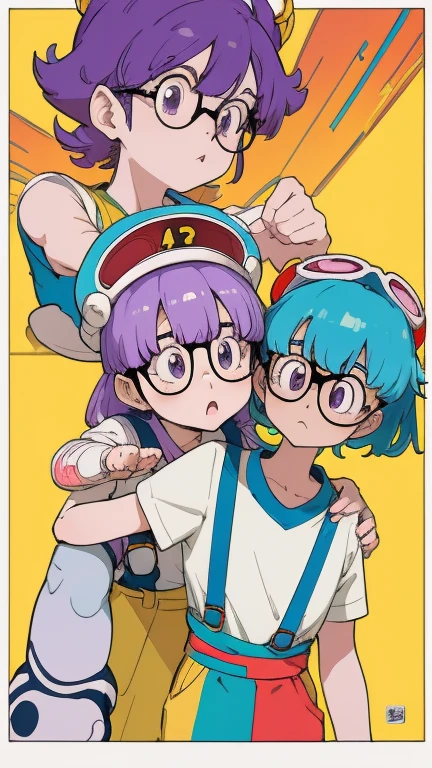 A  Arale（Arale）Character Bust；背景に浮かぶcolorfulな風船。Purple Hair，[Red Hat（The hat has a small feather on it）]，Glasses，White T-shirt，Blue suspenders；Original image；（Characters are adapted to the human anatomy，Body and limb repair，Harmonious body structure）Atmospheric Rendering。colorful，Color Coordination。Lots of details。Illustration Style，japanese manga style，toriyama akira style；Original style；Graphic Arts，Poster Cover。(masterpiece, Highest quality)