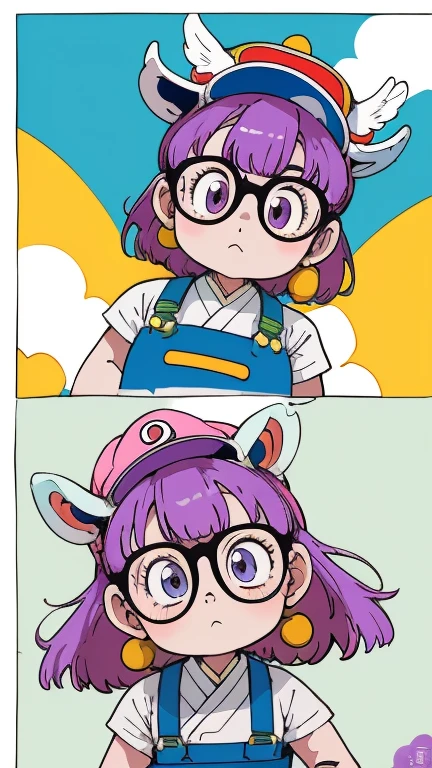 A  Arale（Arale）Character Bust；背景に浮かぶcolorfulな風船。Purple Hair，[Red Hat（The hat has a small feather on it）]，Glasses，White T-shirt，Blue suspenders；Original image；（Characters are adapted to the human anatomy，Body and limb repair，Harmonious body structure）Atmospheric Rendering。colorful，Color Coordination。Lots of details。Illustration Style，japanese manga style，toriyama akira style；Original style；Graphic Arts，Poster Cover。(masterpiece, Highest quality)