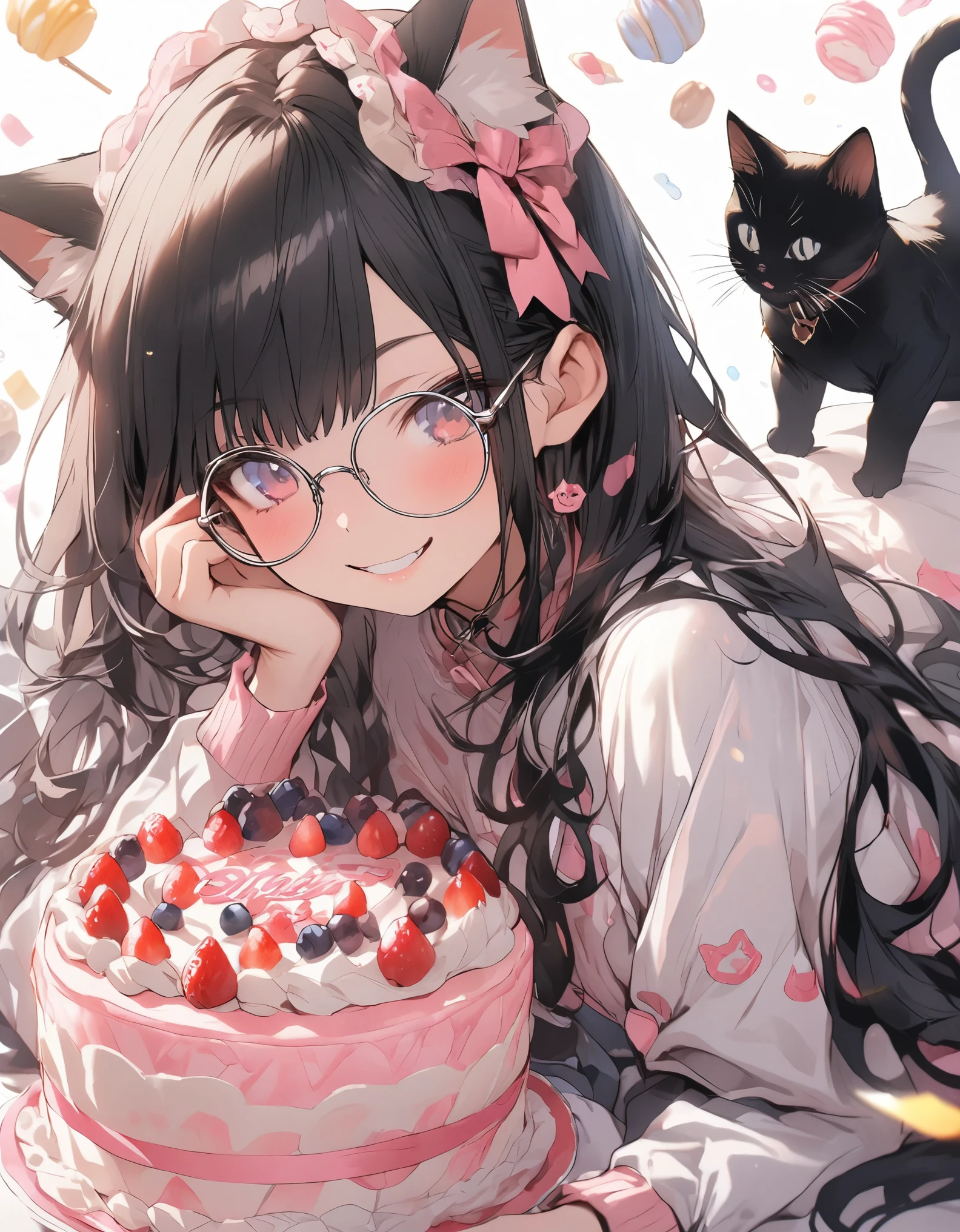 masterpiece、girl、Black Hair、Long Hair、((Cat ear))、smile、wearing glasses,(((Big Cake)))、Focus on the face,sweets background