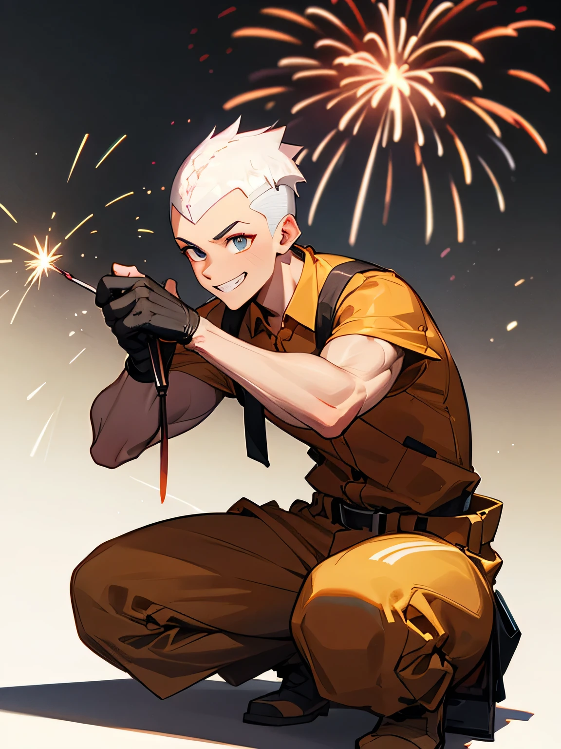 solo, squatting down, male, (all shaved hair), big forehead,thin eyes, muscular body, male eyes, male nose, male mouth, construction worker clothes, grin , holding a firework in her hand with the firework part facing downwards and playing with it, simple white background,