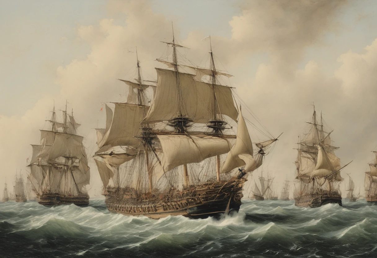 A realistic depiction of a fleet of great Spanish ships sailing the seas.. Let&#39;s spread our sails and sail together, In this scene、bright blue sky with clouds、It depicts a detailed ship with intricate rigging and billowing sails.、