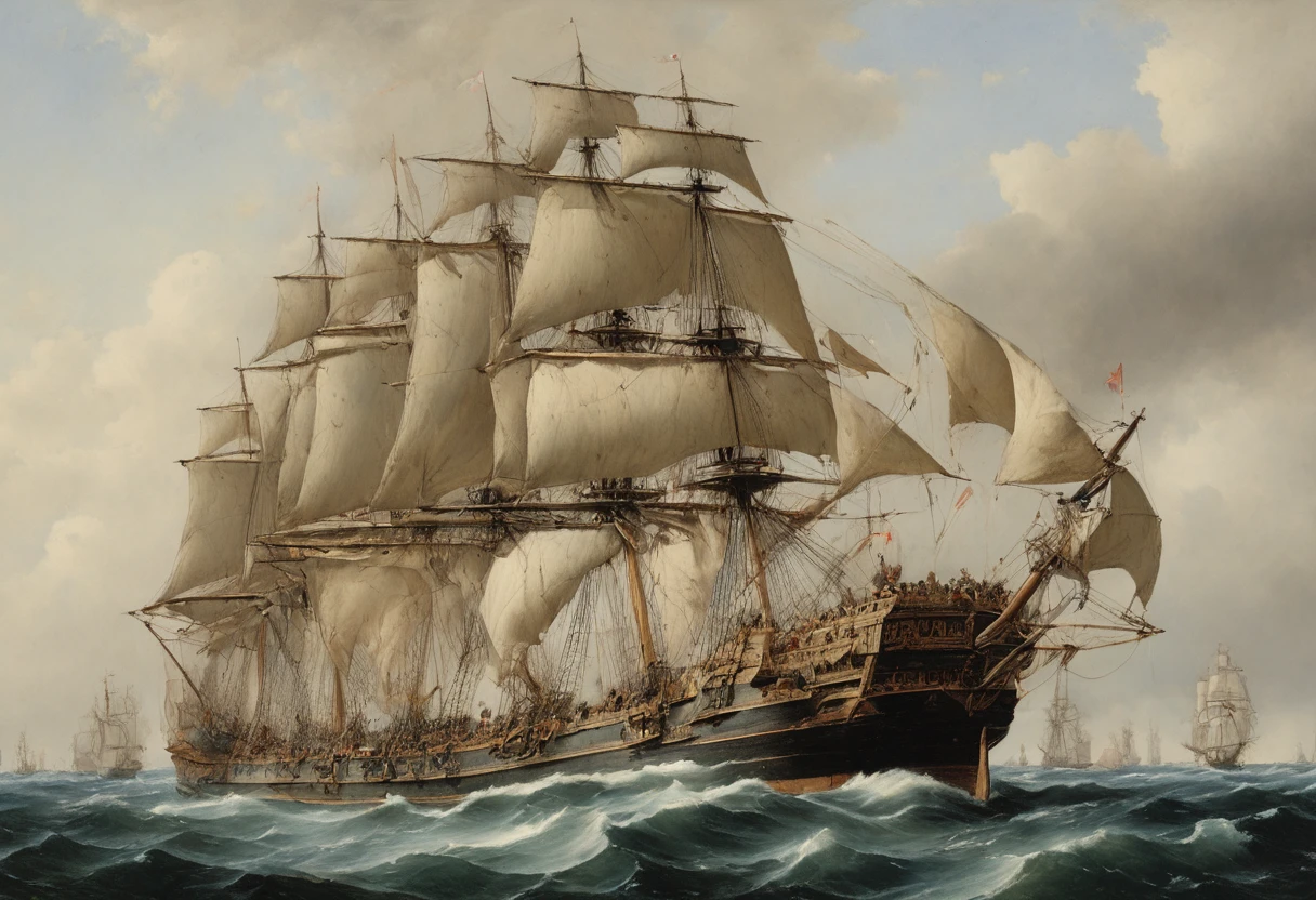 A realistic depiction of a fleet of great Spanish ships sailing the seas.. Let's spread our sails and sail together, In this scene、bright blue sky with clouds、It depicts a detailed ship with intricate rigging and billowing sails.、