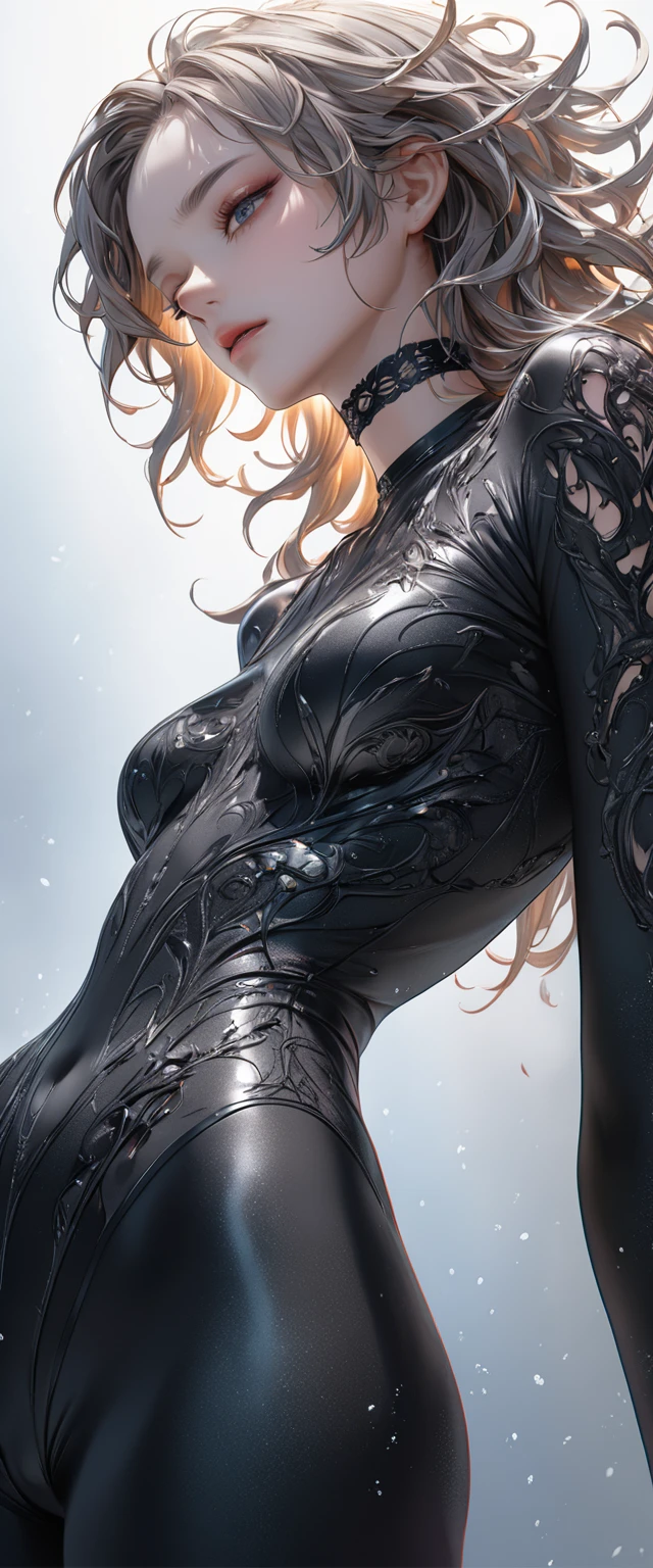 from below, beautiful woman, cool and sadistic, amorous and lewd face, looking down with a cold gaze, make-up, beautiful messy hair, great proportion, tight suits, choker, (ultra detailed, absolutely resolution, best quality:1.3), 2.5D, delicate and dynamic, shading effects, graphic CG digital art