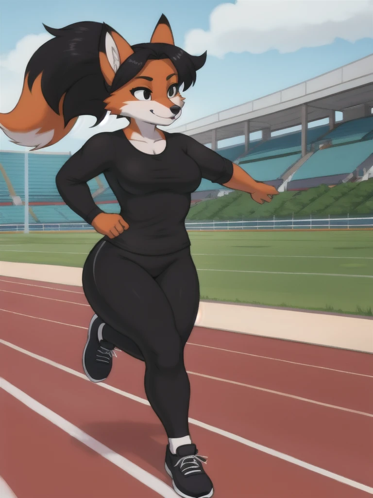 Furry, fox, female, black shirt, black leggings, shoes, running track, solo, full body