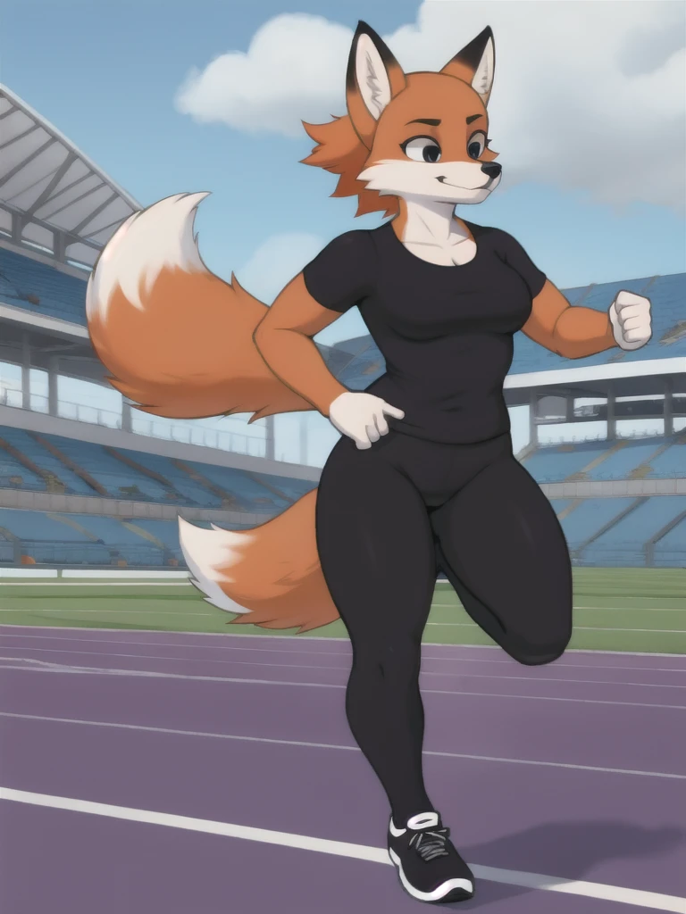 Furry, fox, female, black shirt, black leggings, shoes, running track, solo, full body