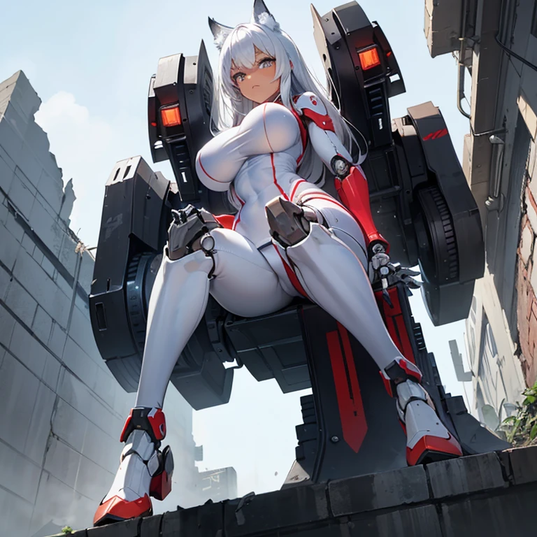 (8k, Realistic, RAW Photos, Highest quality, (from below:2), View your viewers: 1.3), (Fox Girl, Fox Ears, Silver Hair, One Girl, Long Hair, (Alone on the screen, dark skin), High definition:1.6), (mecha musume, Machinery Parts,Robot Joints, (White and red clothes, Full body mechanical suit):1.8), (Body measurements are 99-55-77!, Nice body, Big Breasts, slender, muscle, (Place your right hand on your right knee, Place your left hand on your left hip, bent over):1.9),(美しいface, Delicate drawing, It is written down in detail), Avatar, face, 色っぽいface, Dominant representation, naughty face, Uplifting, Skin Texture, outside, ruins, Ruined City, Broken Building, There are no people