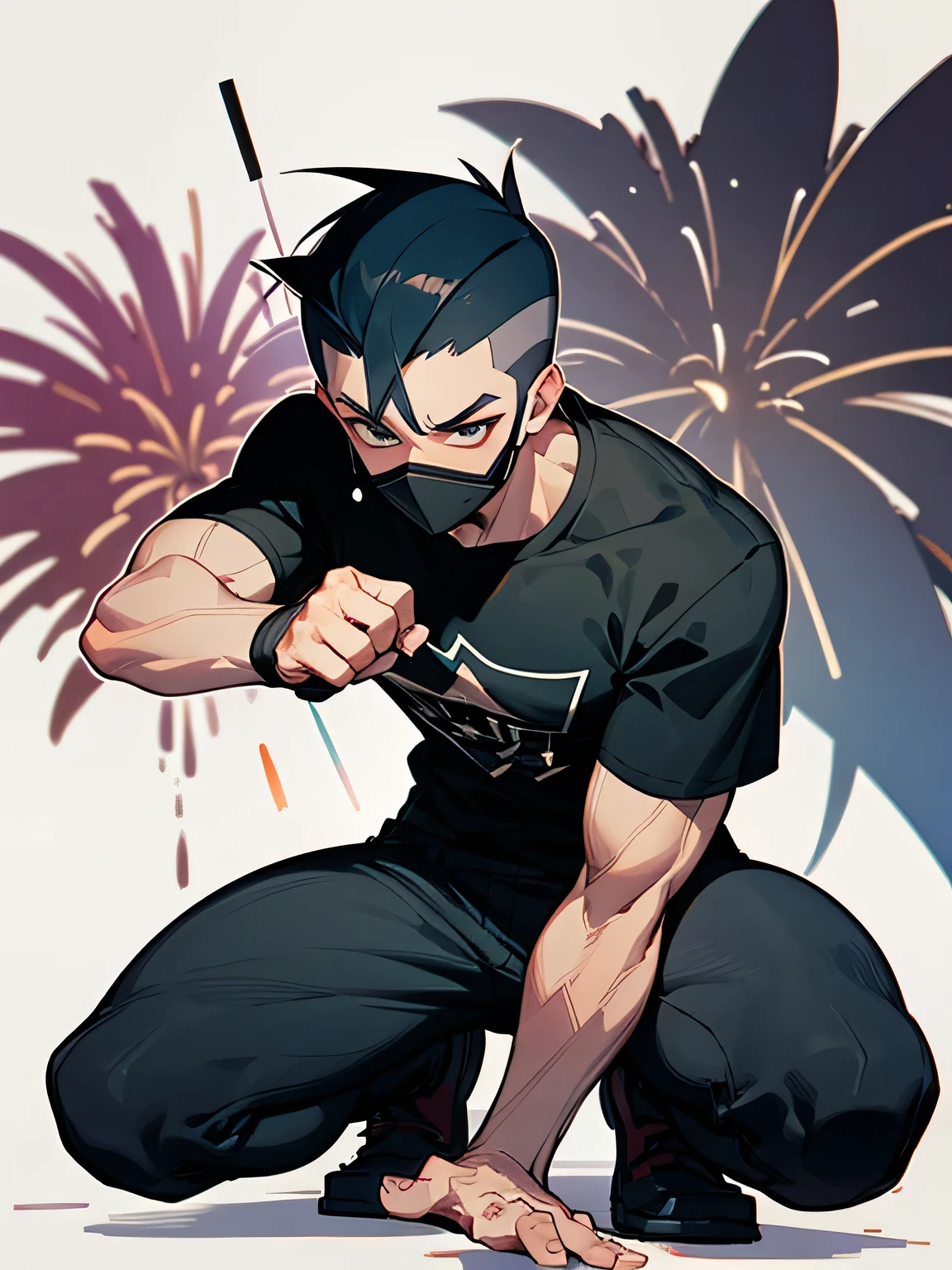 solo, squatting down, male,sideshaved,short spiked deep black blue hair,tsurime, masked,muscular body, Male Eyes, male nose, male mouth, Black T-shirt, black skinny mini pants, Expressionless , holding a firework in her hand with the firework part facing downwards and playing with it, simple white background,