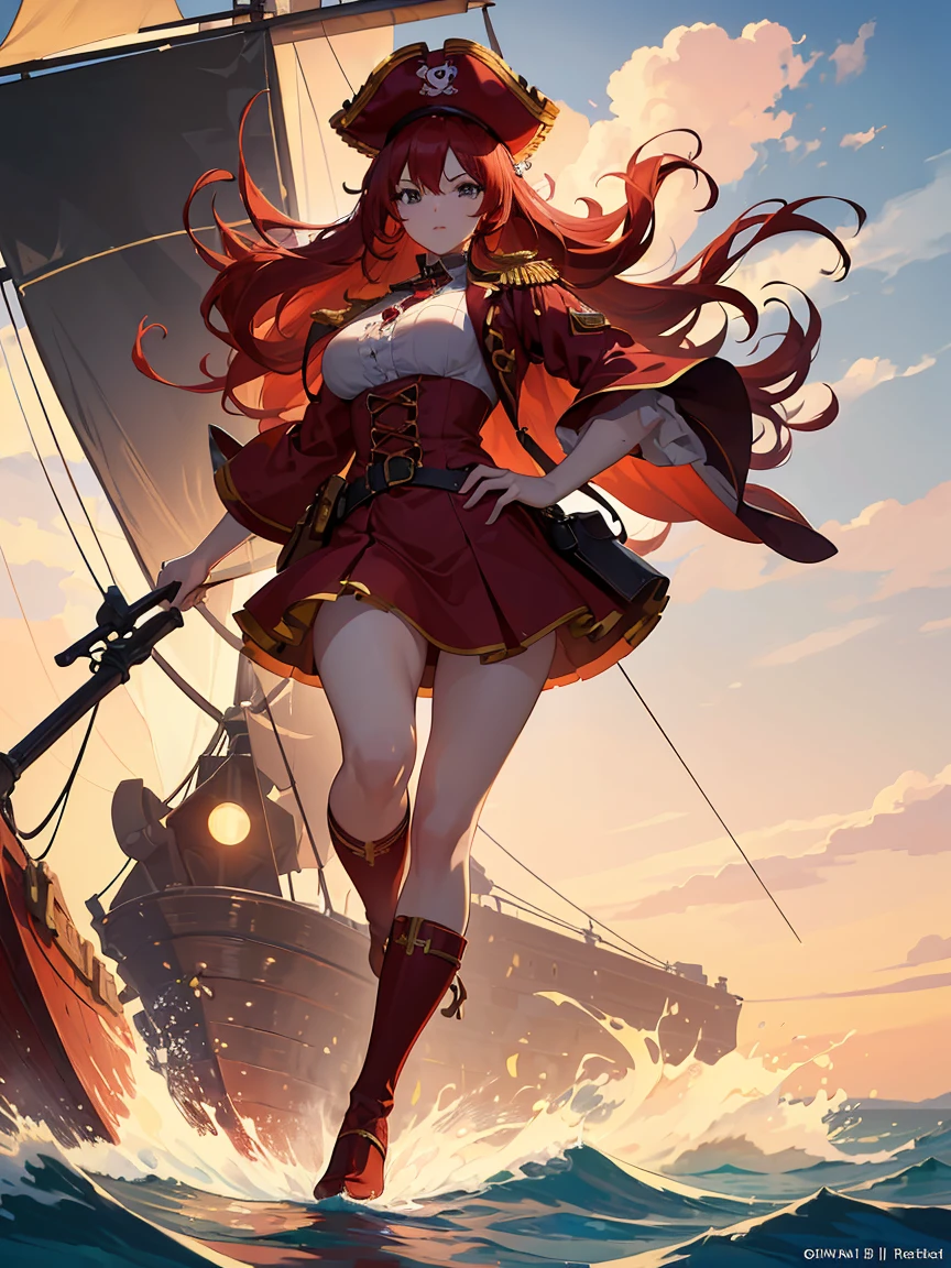 (high resolution) , (best qualityer),(4 k image),(detailedeyes),(body detailed). 1 girl, big red hair,smallbreast, dressed as a classic pirate captain,looking ahead at viewer, fully body,standing,about the ship.(Upscale).full body on display
