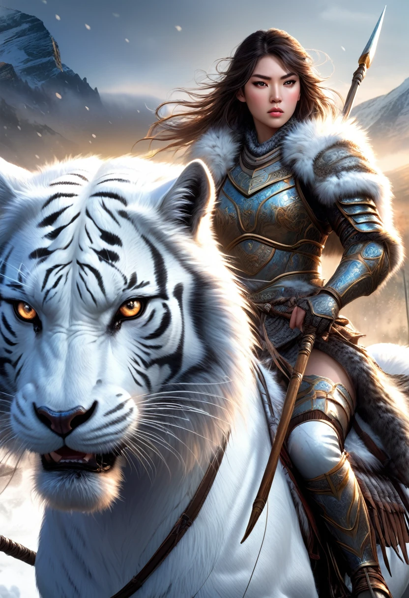 (1 girl,Pretty Face,Exquisite eyes,Serious expression,Sharp eyes,Wearing fur armor,Holding a spear),She is a warrior of the north,(((horse riding)), Looking at the audience,tiger_beast), Epic Fantasy Character Art