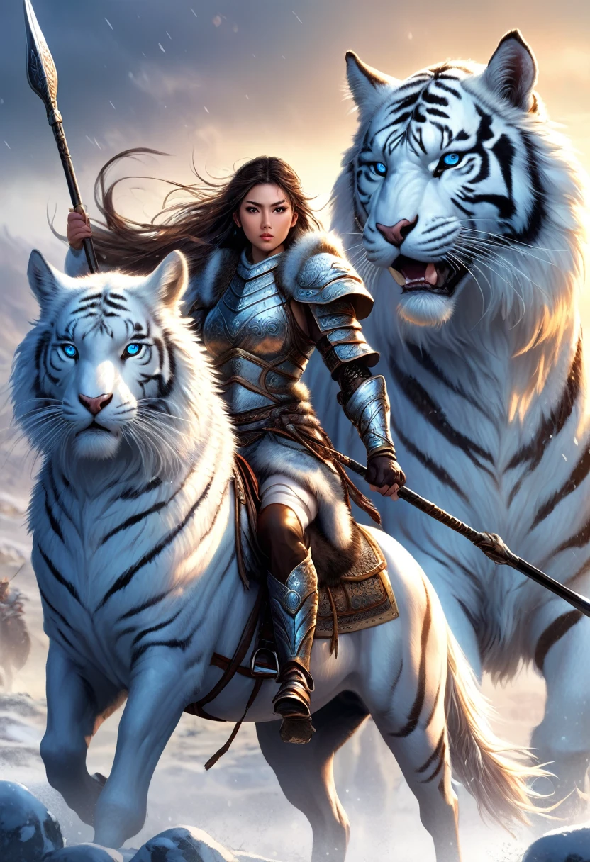 (1 girl,Pretty Face,Exquisite eyes,Serious expression,Sharp eyes,Wearing fur armor,Holding a spear),She is a warrior of the north,(((horse riding)), Looking at the audience,tiger_beast), Epic Fantasy Character Art