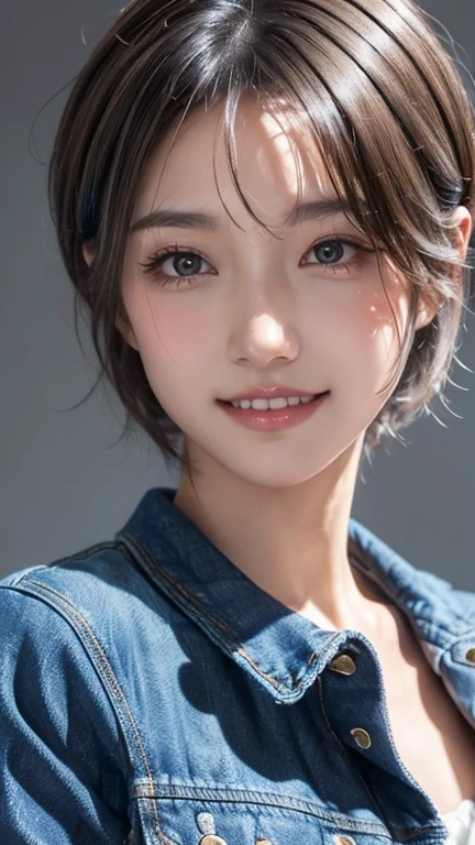 Realistic, masterpiece, Highest quality, Highest Resolution, Portrait of a Japan woman, Depicts only the upper body, Portrait background, Happy smile, Slightly to the side, Always observe the audience, Beautiful and detailed eyes, Dark Eyes, Looks sleepy, Sparkling eyes, (Hidden eyelid wrinkles:1.2), Thin eyebrows, Draw eyelashes carefully, Natural Makeup, (short hair, Silver Hair:1.3), Detailed face, (Face close-up:1.2), ((Denim jacket), naked)