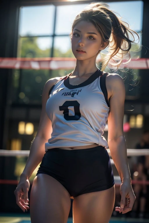 a beautiful woman, midle tits, wearing small sports clothes, volleyball player, hyper realistic, intricate details, perfect lighting, extremely detailed face and body, beautiful eyes, nose and lips, dynamic pose, ((volleyball court background)), bright colors, vibrant, cinematic lighting, photoreal