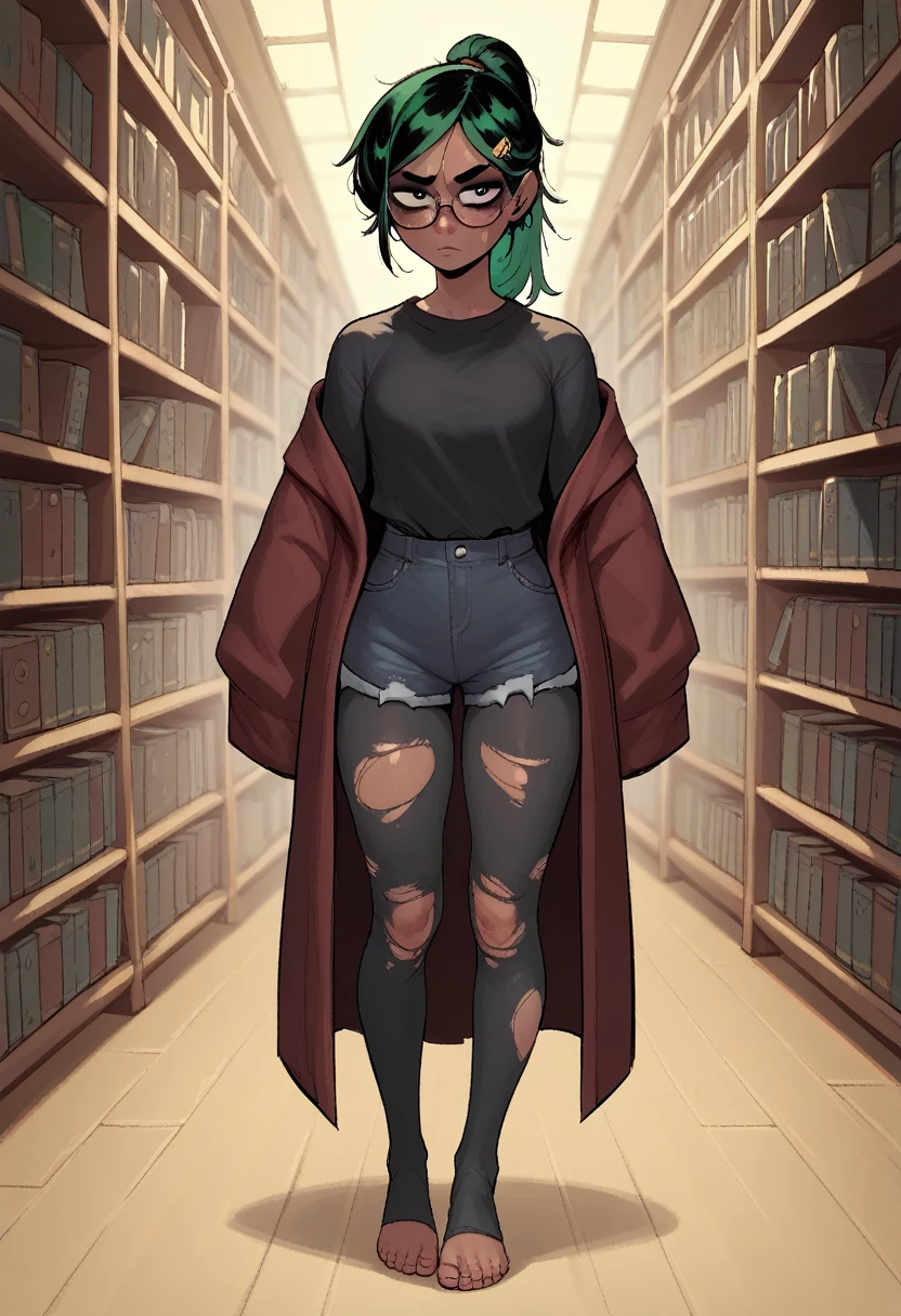 bright green hair, and a ponytail, library, bookshelf, glasses, character full body portrait, full body, a character portrait, dark red Hogwarts robe, black shirt, female emo art student, black jean shorts, black pantyhose, black hair pins, dark skin, torn black shirt, full body character portrait, inspired by Eiichiro Oda, stirrup leggings,