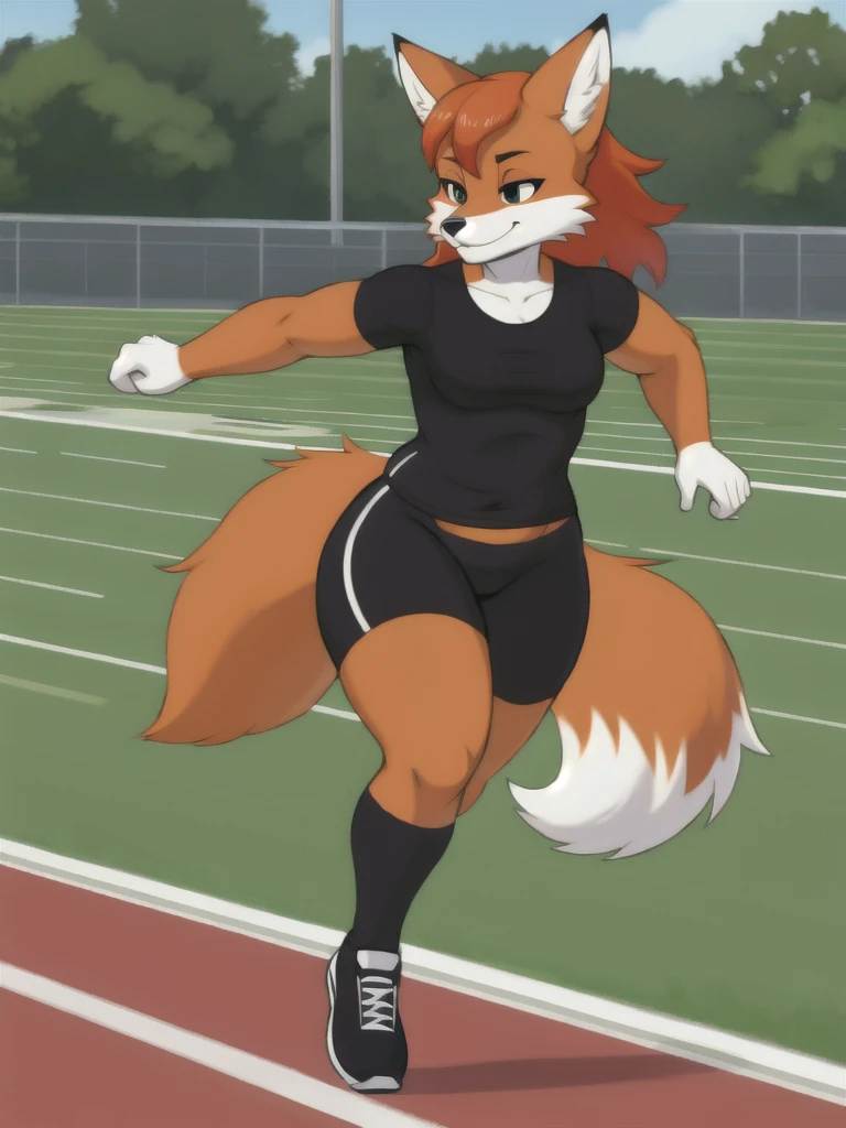 Furry, fox, female, black shirt, black leggings, shoes, running track, solo, full body