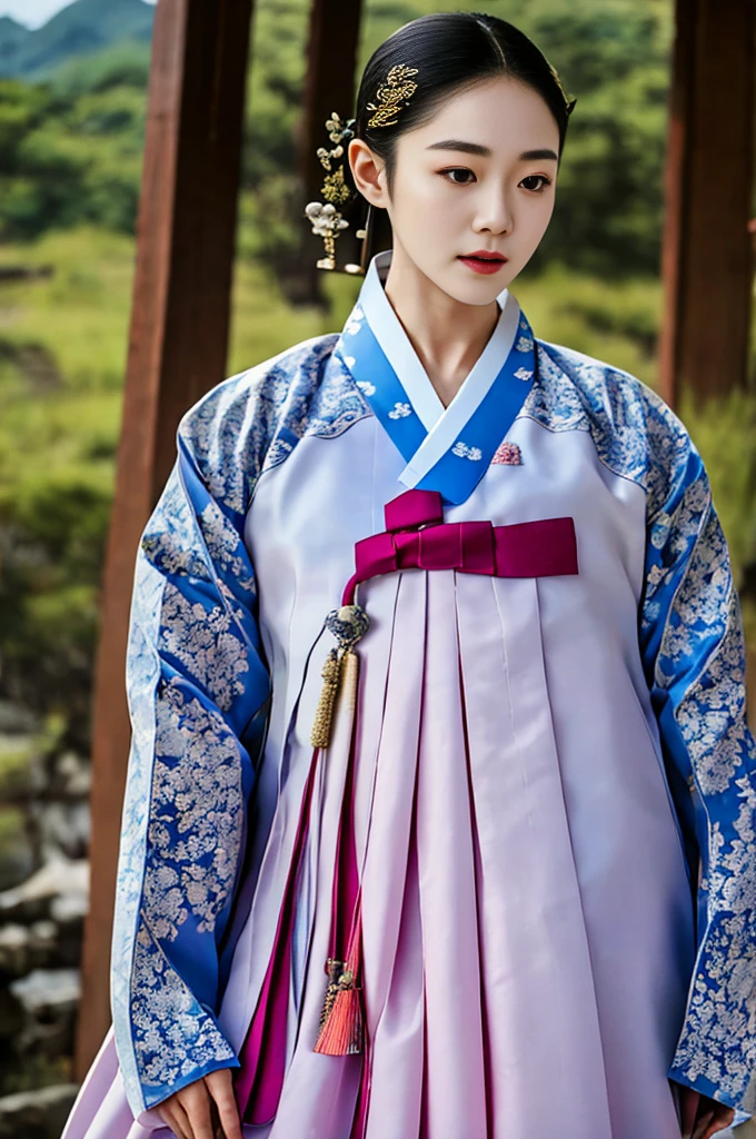 a korean actress starring in a fantasy television drama, film still, shot on a sony alexa, hanbok, edgEF, wearing edgEF eastern clothing, dangui, detailed face, detailed eyes,  intricate details, film grain, skin details, high detailed skin texture, 4k, sharp focus, masterpiece, award winning photo, analog style photo, film grain,