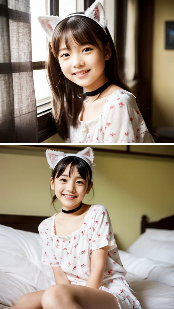 night, 10 year old 猫娘 living with me, Messy room, Taking off underwear on the futon and waiting for the owner、Realistic cat ears and tail, window、Curtains printed with cat drawings、Unfaithful rotten look、smile、Various poses, Super cute cat ear girl, Too cute girl, Cute Japanese Girl, Girl images, Petite and curvaceous lolita, Realistic 12 year old girl, Baby Face, Japanese beautiful girl、10 year old cute cat girl, Please open your mouth a little, 、choker、Realistic RAW photo, Raw photo real person, Real people portrait photography, Photorealistic portrait photography, Photorealistic shiny skin, Shiny skin Detailed skin, Detailed