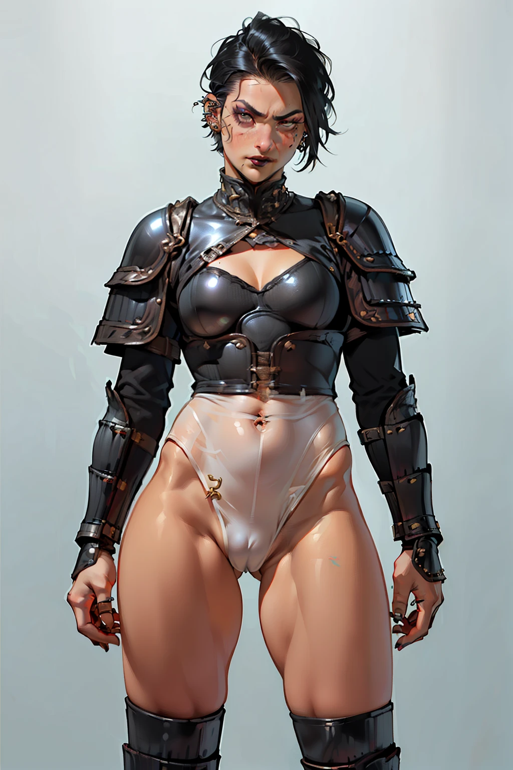 (high resolution, pixel perfect, gorgeous illustrations), (hyper quality, muste piece, etheric: 1.4), ((nsfw)), (((cowboy shot))), face focus, ((1girl)), ((boyish)), (((age girl))), (hot Rocker punk girl), (((((open stance))))), cool atmosphere, black hair, (((((very_short_hair, slicked_back_hair)))), ((piercing)), (((lip_piercing))), (((eyelid_piercing))), ((((nose_piercing)))), Exquisite face, ((angry)), ((gothic makeup)), ((((black_lips)))), tattoo, (((muscular_female))), (thick thighs, wide hips, small breasts), fighter, (((wh_chi_armor))), (((highleg_leotard_armor see_through))), (((((cameltoe))))), shiny skin, gleaming skin, simple background,