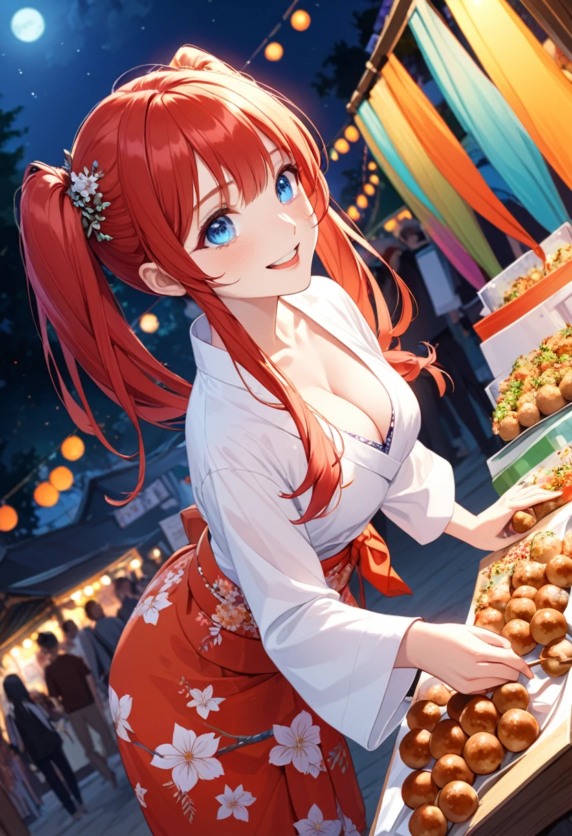 detailed illustration, dynamic angle, ultra-detailed, illustration, 1girl, 18 year old, school girl, twin tails, long red hair, very long hair, white blouse, red tie, medium breasts, looking at camera, from the side, blue eyes, crystal eyes, bright eyes, kimono, at the festival, at night, smiling softly, chuckling, pushing food at you, takoyaki, balls on a stick, vendor food, cleavage, leaning forward, playful