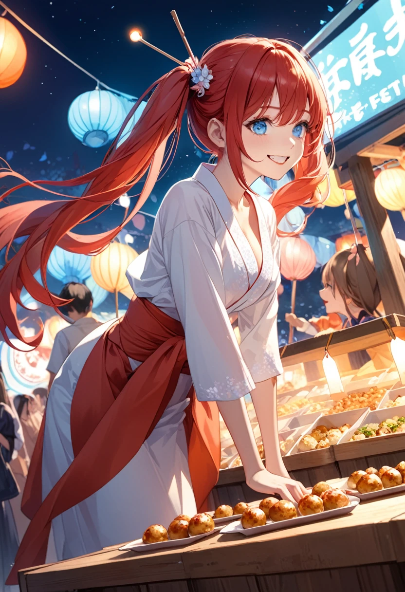 detailed illustration, dynamic angle, ultra-detailed, illustration, 1girl, 18 year old, school girl, twin tails, long red hair, very long hair, white blouse, red tie, medium breasts, looking at camera, from the side, blue eyes, crystal eyes, bright eyes, kimono, at the festival, at night, smiling softly, chuckling, pushing food at you, takoyaki, balls on a stick, vendor food, cleavage, leaning forward, playful