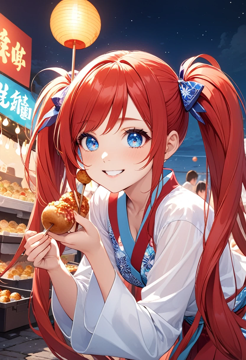 detailed illustration, dynamic angle, ultra-detailed, illustration, 1girl, 18 year old, school girl, twin tails, long red hair, very long hair, white blouse, red tie, medium breasts, looking at camera, from the side, blue eyes, crystal eyes, bright eyes, kimono, at the festival, at night, smiling softly, chuckling, pushing food at you, takoyaki, balls on a stick, vendor food, cleavage, leaning forward, playful