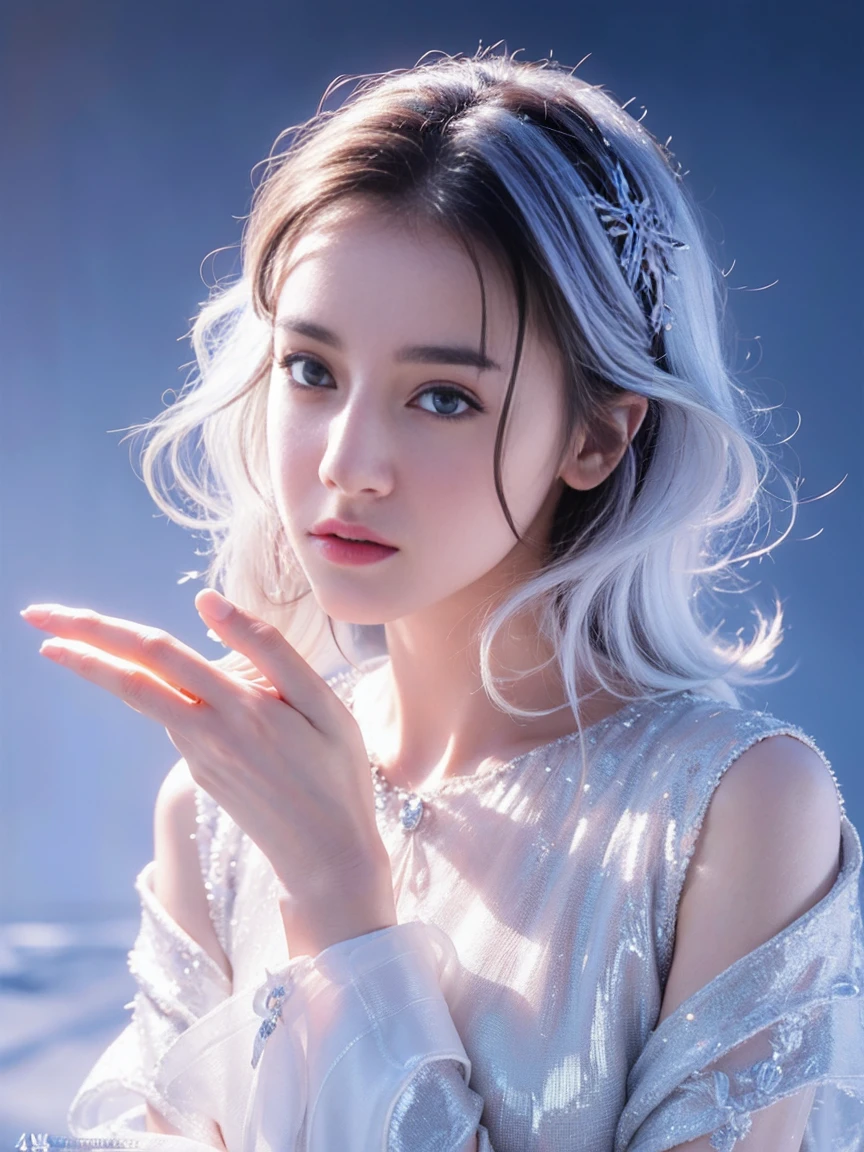 (((masterpiece))), best quality, illustration, 4k wallpaper, light, absurd, 1 girl,(snow,ice), snow花, In winter, white hair, Shiny hair, curls, Transparent clothes, decorate, Lace, Wet clothes, away_Shoulder, Headband,masterpiece, telephoto lens, absurd, Exquisite facial features，Record，Poster composition，strike an elegant pose，，Natural light，Soft Light，（Seven-part combination） ，epic，Fantastic and magical，mystery