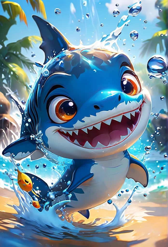 Splash Art, Cute Shark(Game Characters、Big eyes、Splashing water with its tail、It's so hot I'm exhausted from the summer heat、Fans are waving), wonderfulインスタグラム, Art Station, Colorful paint splash style+, Very detailed、Exquisitely crafted down to the last detail, Engine Unreal, wonderful, Details Complexity, Splash screen, Complementary Color, Realistic concept art, 8k resolution, deviantart masterpiece, Oil, Thick brushwork, Paint drips, Splash Art,Sandy beach in the background,