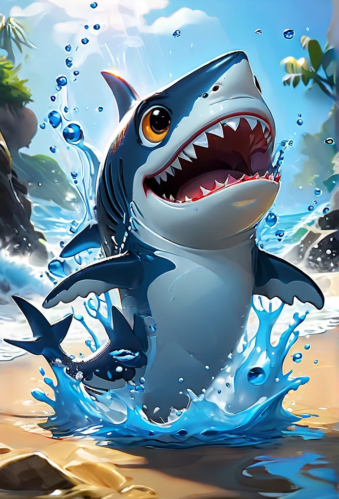 Splash Art, Cute Shark（Game Characters、Big eyes、Splashing water with its tail、It&#39;s so hot I&#39;m exhausted from the summer heat、Fans are waving）, wonderfulインスタグラム, Art Station, Colorful paint splash style+, Very detailed、Exquisitely crafted down to the last detail, Engine Unreal, wonderful, Details Complexity, Splash screen, Complementary Color, Realistic concept art, 8k resolution, deviantart masterpiece, Oil, Thick brushwork, Paint drips, Splash Art，Sandy beach in the background，
