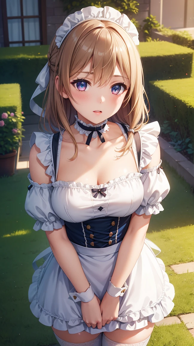 1girl, natural lighting, masterpiece, highly detailed, illustration, game CG, absurdres, high quality, beautiful detailed eyes, glossy lips, natural lighting, medium breasts, klaudia valentz, city, garden, maid, collarbone, short puffy sleeves, thigh highs, small maid apron