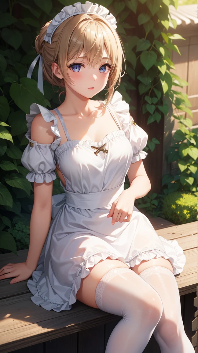 1girl, natural lighting, masterpiece, highly detailed, illustration, game CG, absurdres, high quality, beautiful detailed eyes, glossy lips, natural lighting, medium breasts, klaudia valentz, city, garden, maid, collarbone, short puffy sleeves, thigh highs, small maid apron