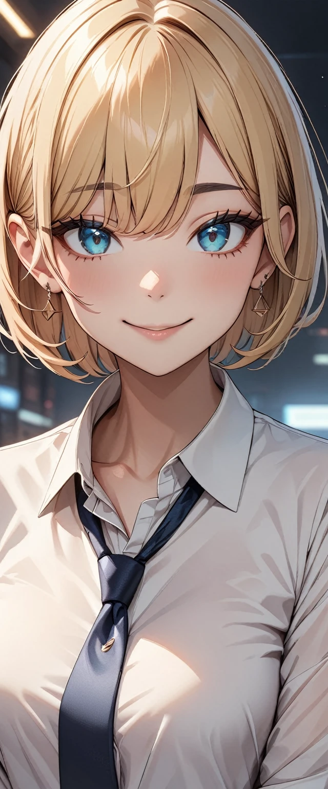 (masterpiece, Highest quality, でvery aesthetic, Super detailed), Intricate details,
One girl, Blonde, Red gradient, Bobcut, Turquoise Eyes, ((Round eyes)), Collared shirt, White shirt, Baby Face, The clavicle is visible, Light blue tie, Grey Skirt, Thighs, smile, looking at viewer, Peace sign sideways near the eyes, Upper Body, Straight skirt