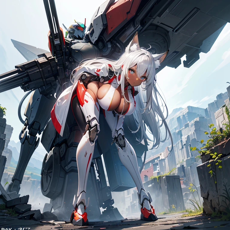 (8k, Realistic, RAW Photos, Highest quality, (from below:2), View your viewers: 1.3), (Fox Girl, Fox Ears, Silver Hair, One Girl, Long Hair, (Alone on the screen, dark skin), High definition:1.6), (mecha musume, Machinery Parts,Robot Joints, (White and red clothes, Full body mechanical suit):1.8), (Body measurements are 99-55-77!, Nice body, Big Breasts, slender, muscle, (I can see the valley, bent over):1.9),(美しいface, Delicate drawing, It is written down in detail), Avatar, face, 色っぽいface, Dominant representation, naughty face, Uplifting, Skin Texture, outside, ruins, Ruined City, Broken Building, There are no people