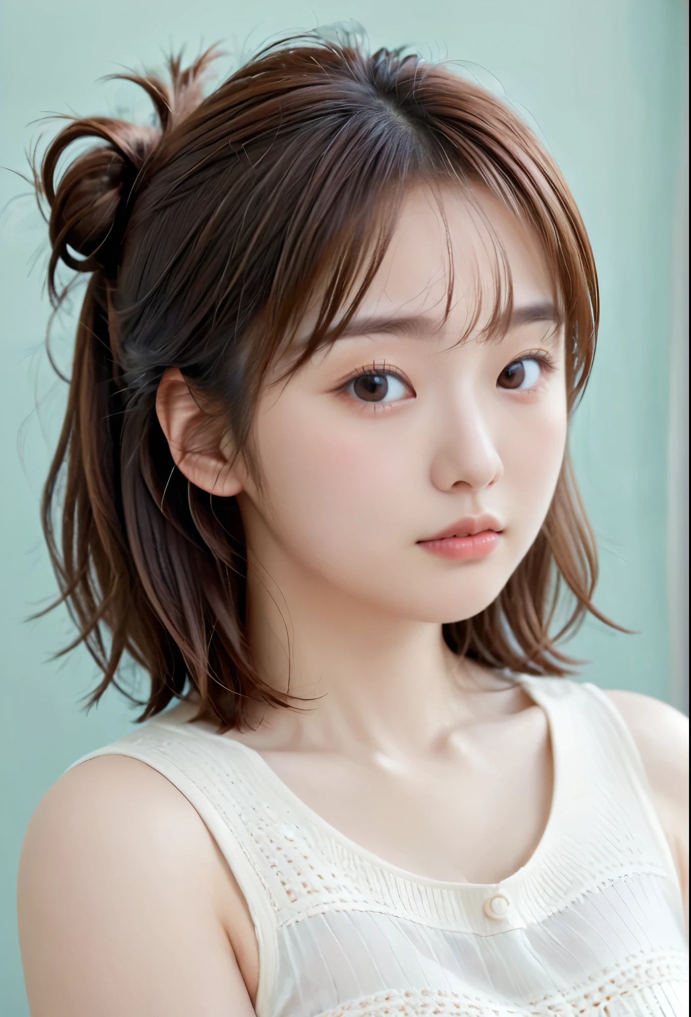 One girl, Brown Hair, Half-up hairstyle, Large pupil, precise, Textured skin, Body type: Chubby, thin lips, medium length, smug face, 
