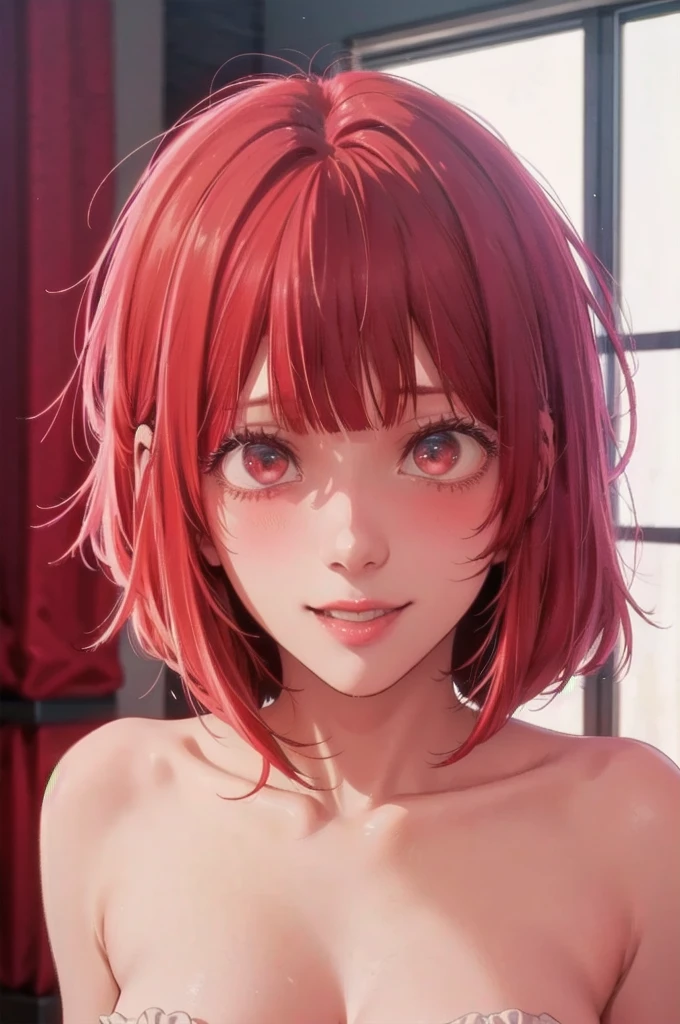 best quality, masterpiece, highly detailed,1girl, Arima Kana, , (masterpiece:1.5), Detailed Photo, Smiling, Sexy, (8K, Best Quality: 1.4), (1girl), Beautiful Face, (anime realistic Face), (Red Hair, short Hair: 1.3), Beautiful Hairstyle, Realistic eyes, beautiful detail eyes, (white skin), beautiful skin, absurd, attractive, ultra high resolution, ultra realistic, high definition, golden ratio, (sexually aroused:1.5), Pinkish white skin, cool white light, sexy pose, Beautiful , white background, pink soft white light,