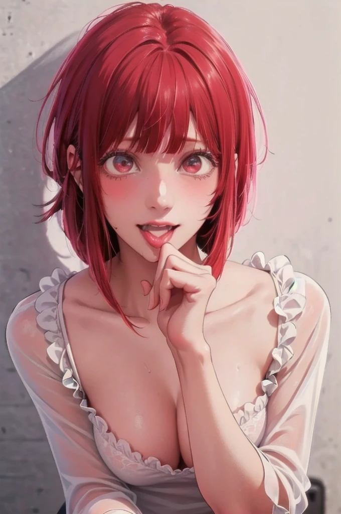 best quality, masterpiece, highly detailed,1girl, Arima Kana, , (masterpiece:1.5), Detailed Photo, Smiling, y, (8K, Best Quality: 1.4), (1girl), Beautiful Face, (anime realistic Face), (Red Hair, short Hair: 1.3), Beautiful Hairstyle, Realistic eyes, beautiful detail eyes, (white skin), beautiful skin, absurd, attractive, ultra high resolution, ultra realistic, high definition, golden ratio, (sexoused:1.5), Pinkish white skin, cool white light, sexy pose, utiful , white background, pink soft white light,