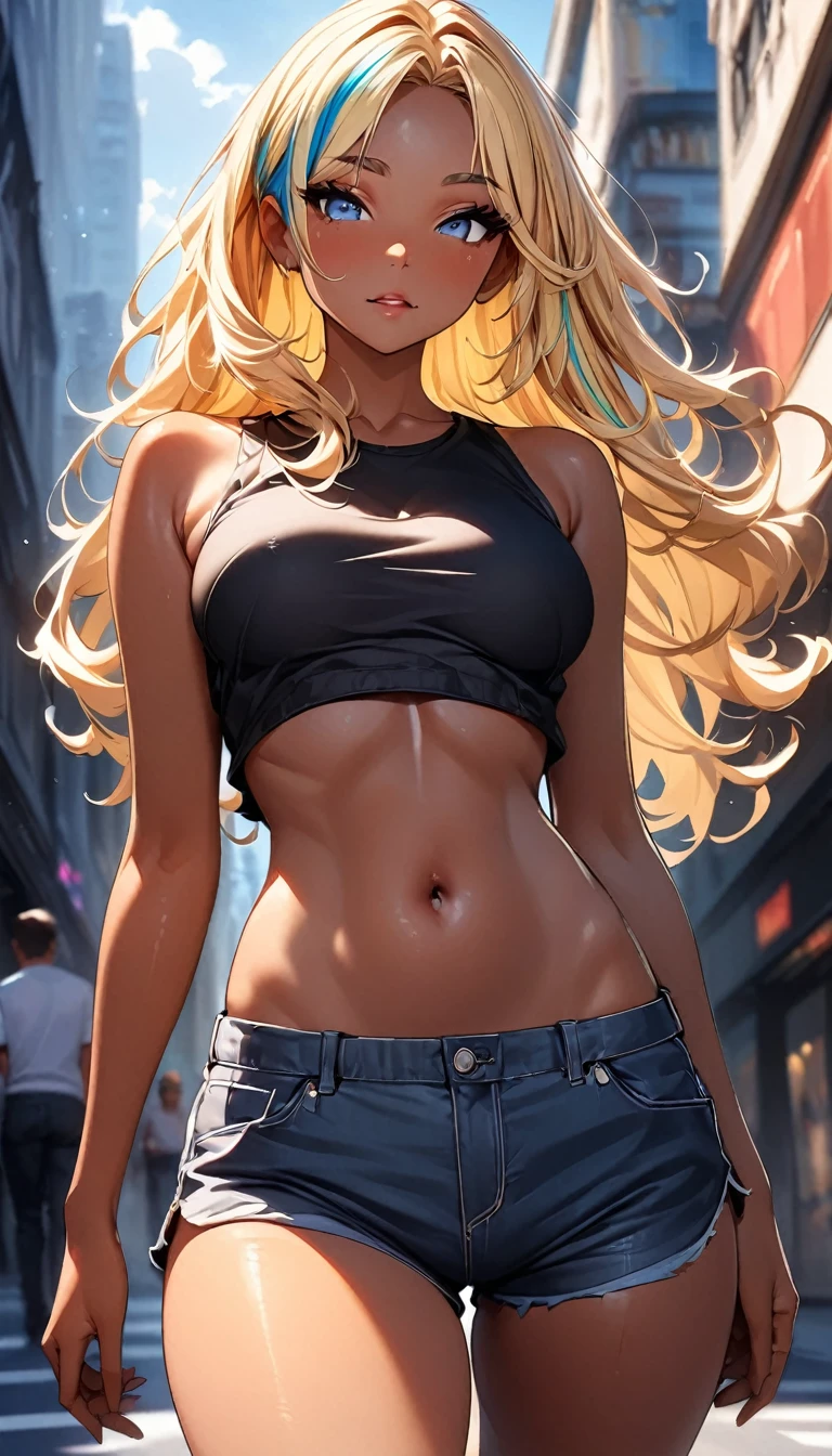 (highest quality:1.2, Very detailed, up to date, Vibrant, Ultra-high resolution, High Contrast, masterpiece:1.2, highest quality, Best aesthetics), Portraiture、girl、slim, Bright colors、Beautiful fine details、Beautiful lip detail、long hair, ((wavy hair:0.4))、messy hair, blonde and blue ((streaked hair:1.3)), highlights hair: 1.3, (medium breast:1), (tan skin:1.3), black tank top, (under boob:0.8), (crop top navel:1.2), sexy very short pants, Walking down the busy street at day, (cowboy shot:1), look at viewer