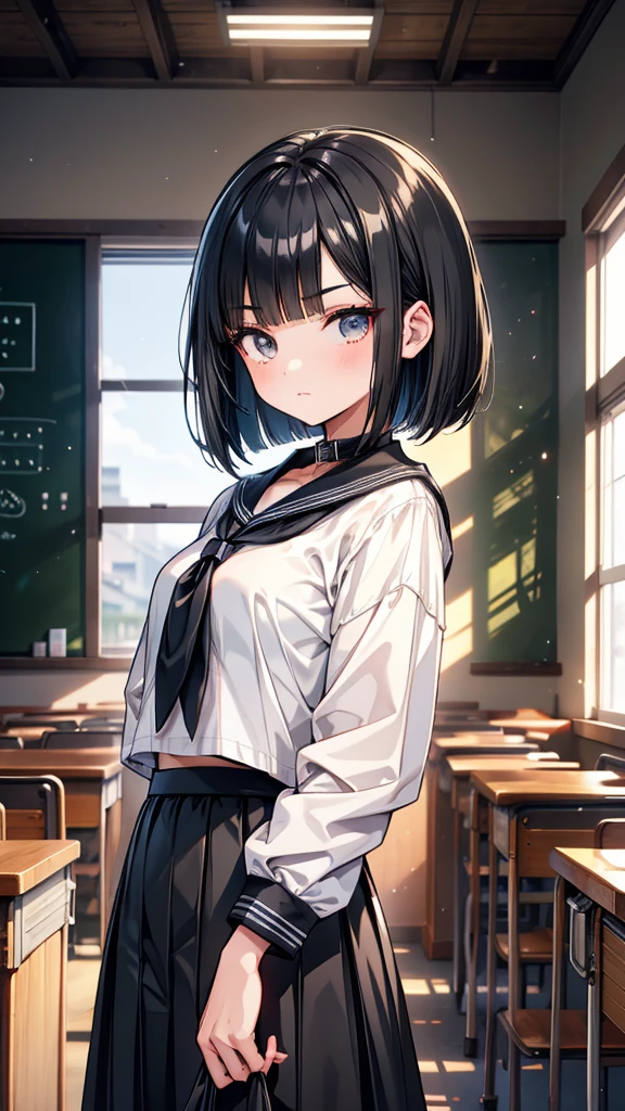 high school student Bobcut Black Hair tall Narrow eyes Expressionless Glare frivolous attitude Country-style black sailor suit Nagoya collar Long skirt stand Rural classroom