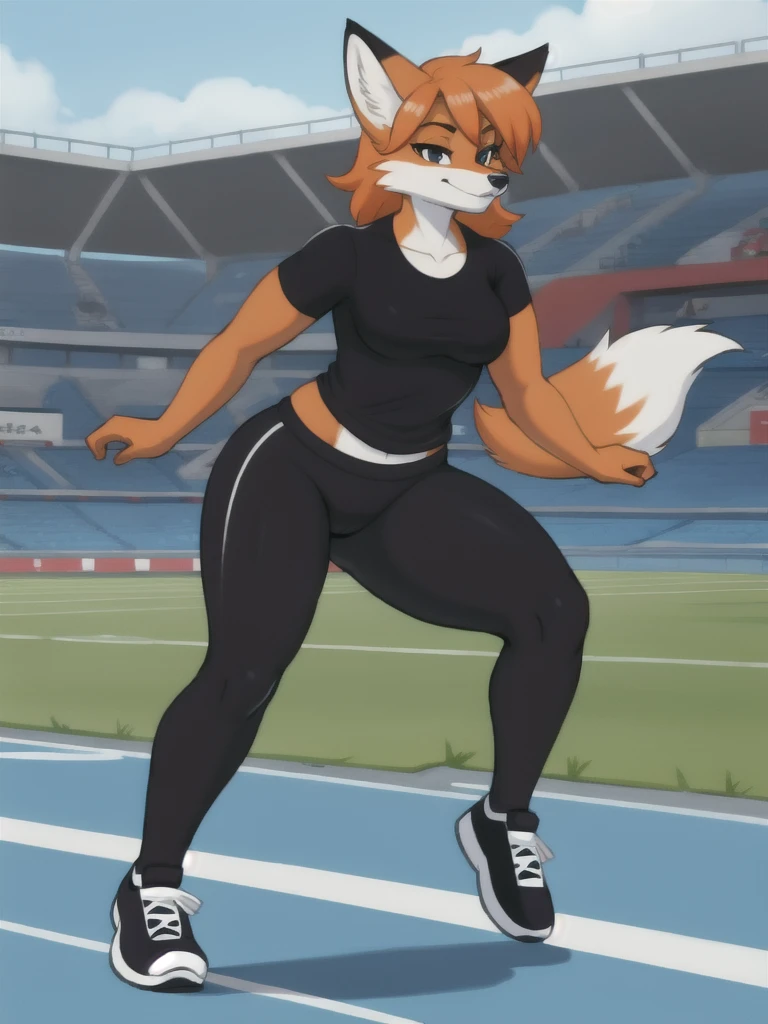 Furry, fox, female, black shirt, black leggings, shoes, running track, solo, full body