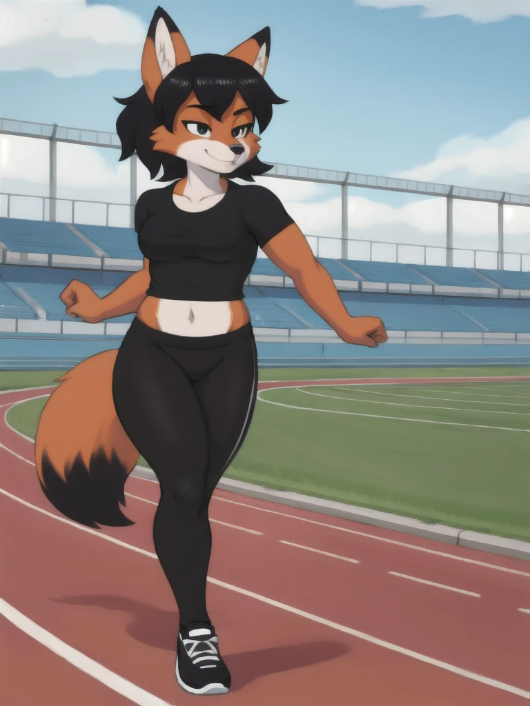 Furry, fox, female, black shirt, black leggings, shoes, running track, solo, full body