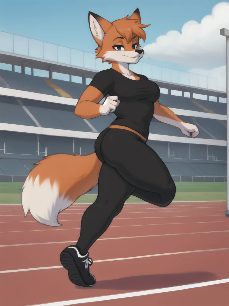 Furry, fox, female, black shirt, black leggings, shoes, running track, solo, full body