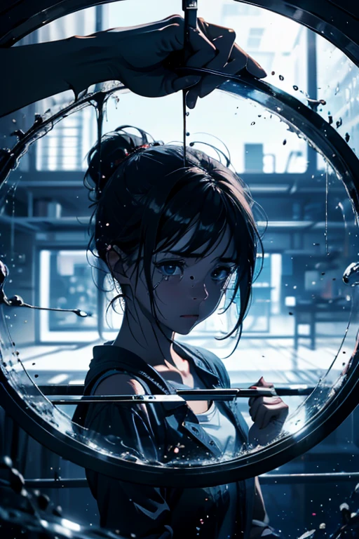 Artwork, Highest quality,8k resolution,Realistic,, 1 girl, cryin, Cleaning the glass