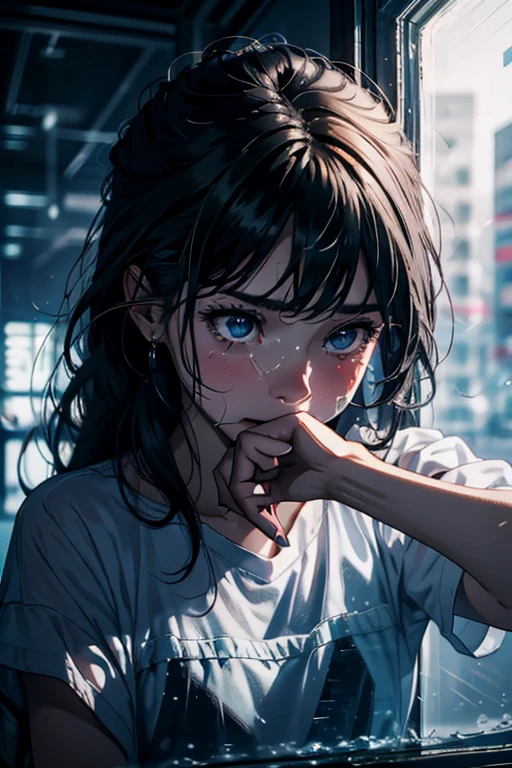 Artwork, Highest quality,8k resolution,Realistic,, 1 girl, cryin, Cleaning the glass
