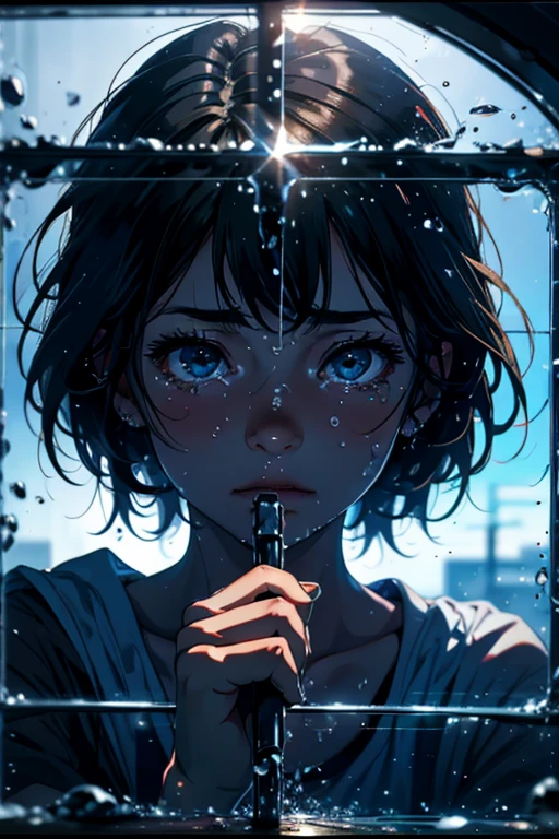 Artwork, Highest quality,8k resolution,Realistic,, 1 girl, cryin, Cleaning the glass
