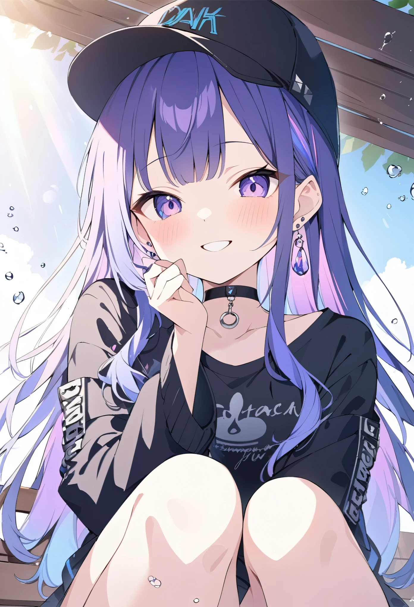 Momoko Sakura Style、8k品質、Intense watercolor, Detailed watercolor art, 水彩splash, Surreal, Avant-garde -yeld gi ((She has several silver earrings in her ears. A stylish black baseball cap. black choker、Black-based punk fashion))、(Indigo hair color、Pastel color inner color hairstyle、Hair expressed with a delicate touch), Beautiful Hair, Facial Contour, Remember,  splash, Lens flare、sunlight、illumination、Natural Color, High resolution, Very delicate, Very detailed, 8k、Park bench、A naughty feeling、smile、、Crossing your legs、View angle from below