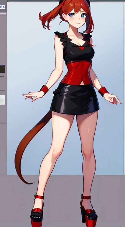 Brown hair,blue eyes,short hair,double tail,Red headscarf,sexy black lingerie,Xiaoyao【Pokémon】blush,smile,medium breasts,sexy miniskirt leather shorts, long legs, black high heel platform sandals, Full body photo,bedroom background, standing, idle
