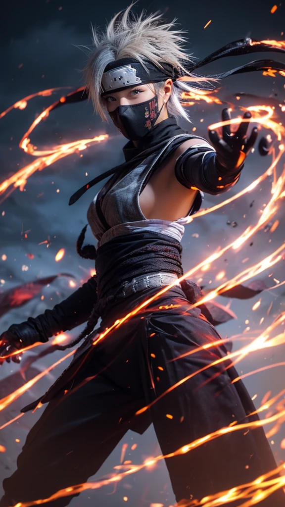 Moisturized skin, (red eyes), realistic body, (adult female body), energetic, (16 years old), (girl),
BREAK,
bright red lipstick, (beautiful navel), (silver hair), beautiful hair, (Kakashi Hatake's clothes: 1.3),
BREAK,
((masterpiece + highest quality + high resolution + highly detailed)), (full body: 1.2), symmetrical, one shot,
BREAK,
(electric shock), (wind blows), (blue electricity), (battle stance: 1.4),
BREAK,
(large Japanese sword), ninja, inside a mansion, assassination, cut, kunai, fantastical, dynamic,