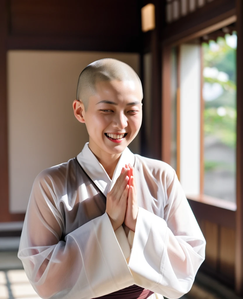 Japanese nun in a transparent robe、monastery、Shaved hair、Shaved Head、Touching the body、Ecstatic expression