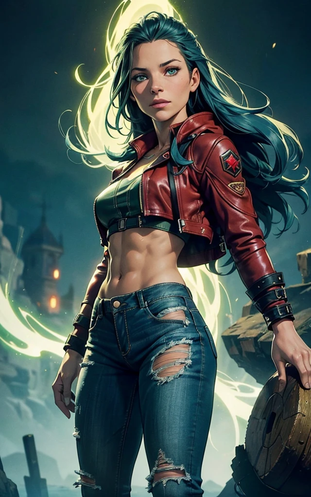 (Alicia Vikander:Evangeline Lilly), green light, glowing eyes, pov below, wind,, masterpiece, best quality, 1girl, cool, serious, medium breasts, long hair, blue  hair, red leather jacket, crop top, tight jeans, green eyes, abs